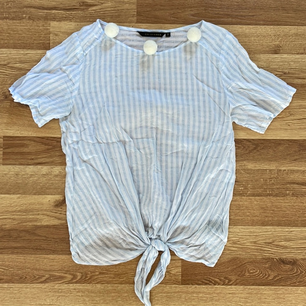 Blue and White Stripe Chloe Chen Tie Shirt